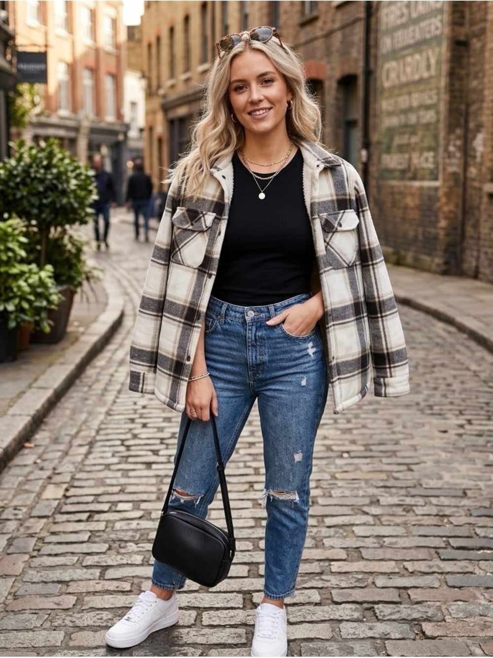 Plaid Snap-Front Kids Jacket in Cream & Black - Cozy Layer